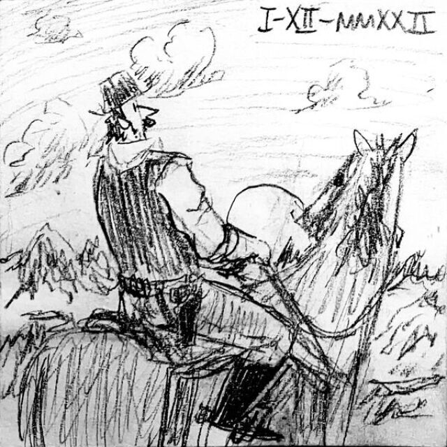 A cowboy rides a horse and stares off at the sky above distant mountains.