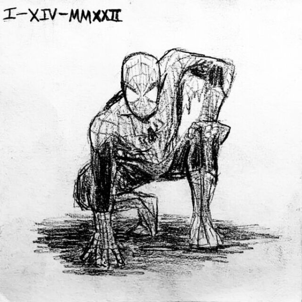 Spider-Man crouches down with a hand on his knee.