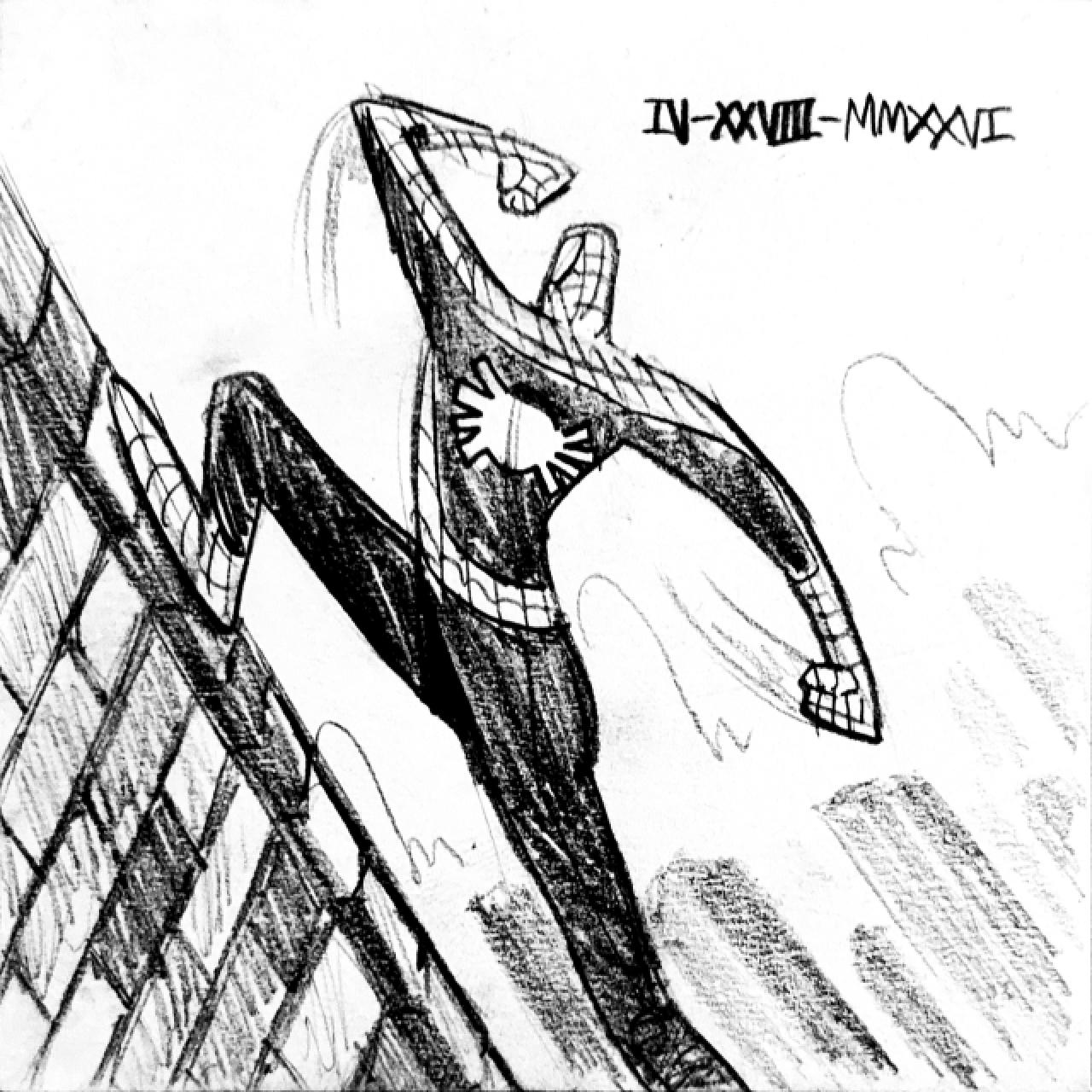 Spider-Man runs up a brick wall above the New York City skyline.