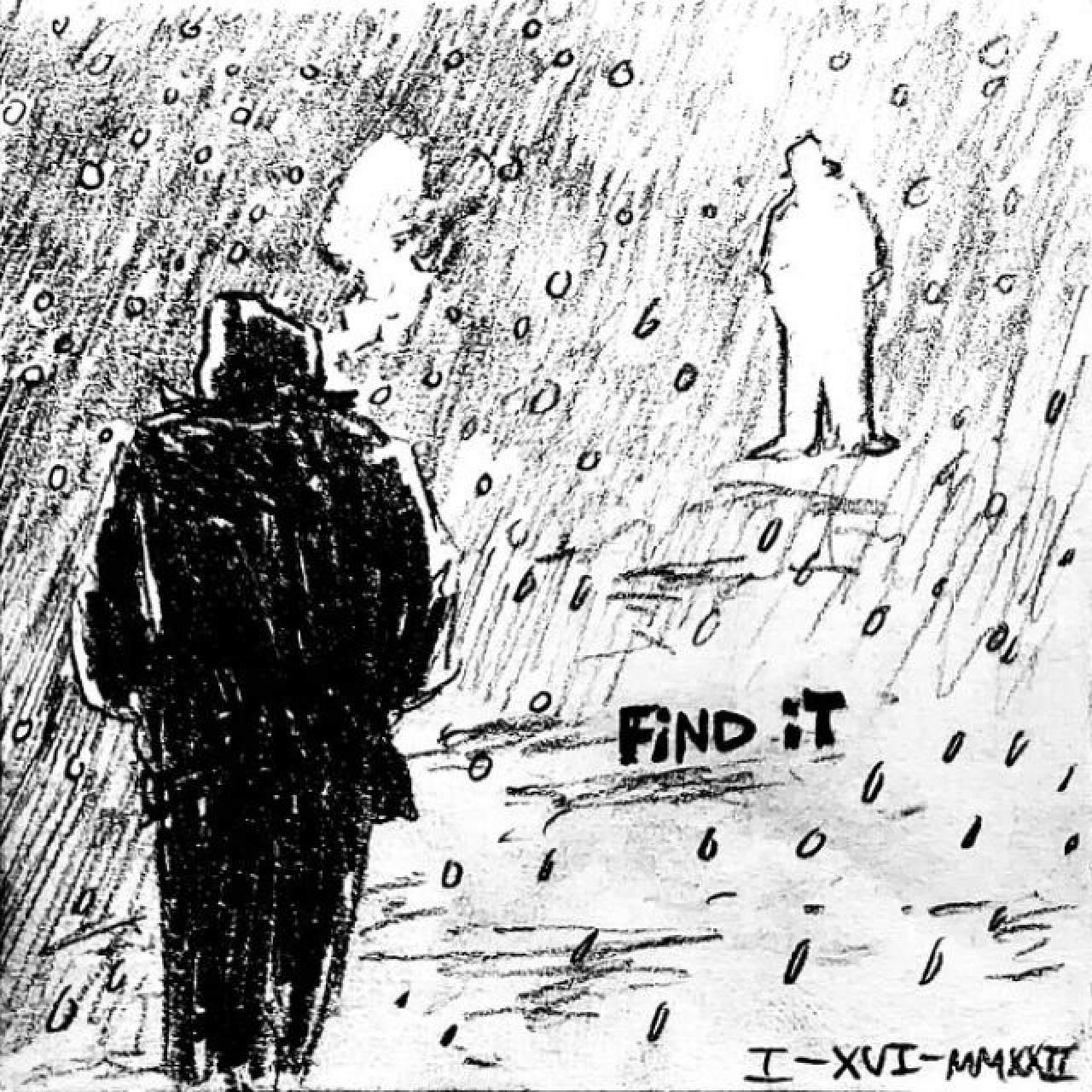 A silhouette walks in the snowy cold, approaching toward the blank shape of the same silhouette. A caption reads “Find it”.