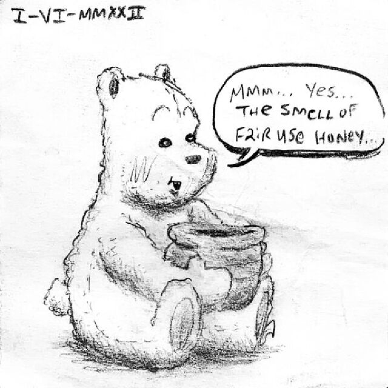 Winnie the Pooh holds a giant pot and gladly says "Mmm... yes... the smell of fair use honey..."